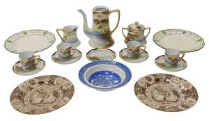 A Noritake porcelain part coffee service, comprising coffee pot (lid missing), a twin handled...