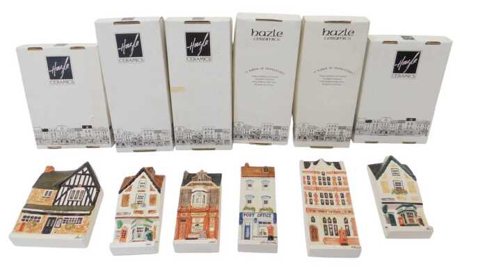 Six Hazle Ceramics flatback buildings, comprising Victorian Post Office, Post Office (x3),...