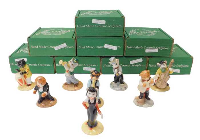 Eight Beswick cat band figures, comprising Calypso Kitten CC2, Feline Flamenco CC7, Purrfect...