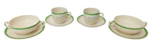 A group of Brooke Bond Tea ceramics, each an off white glaze decorated with a green upper band...