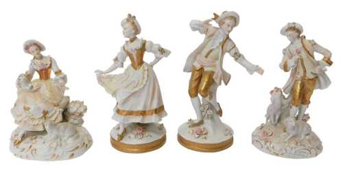 Two pairs of Sitzendorf porcelain figures, modelled as a lady and gallant in 18thC clothing...
