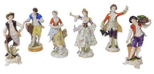 Six Continental porcelain figures in 18thC dress, comprising a pair of Sitzendorf figures of a...