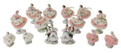 A group of porcelain crinoline figures, to include Rudolstadt-Volkstedt and others, many...