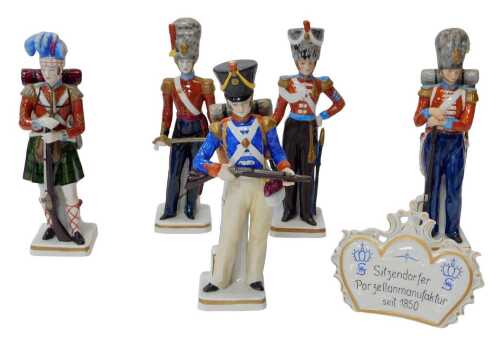 Five Sitzendorf military-related porcelain figures, comprising Light Infantry 1830, Royal Irish...