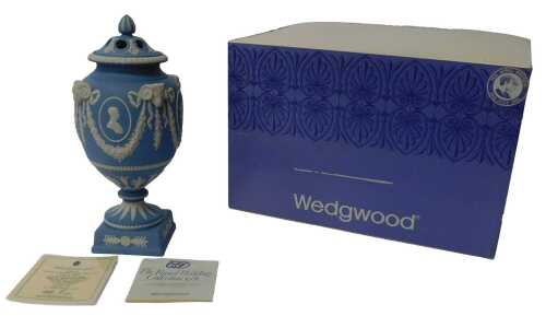 A Wedgwood blue Jasperware Royal Wedding Collection 1981 vase and cover, to celebrate the...