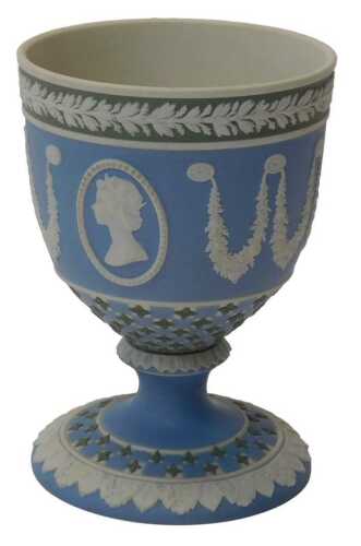 A Wedgwood blue Jasperware commemorative HM Queen Elizabeth II Silver Jubilee edition goblet,...