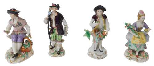 Four Sitzendorf porcelain figures modelled in 18thC dress, each in a differing pose, to include...