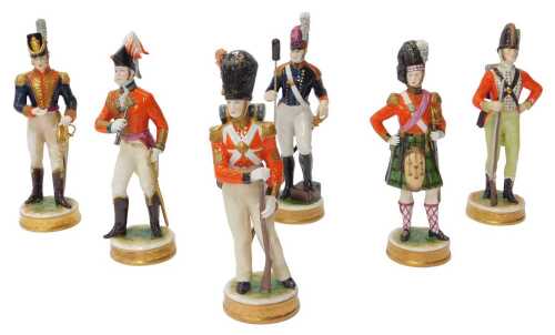 Six Rudolf Kammer porcelain military related figures, comprising Gunner 1804, Officer 1815,...