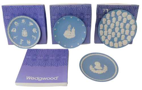 Four blue Wedgwood Jasperware plates, comprising Hans Christian Anderson Centenary edition 1975,...