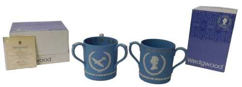 A Wedgwood blue Jasperware Spitfire mug, limited edition number 91/200, 13cm high, boxed with...