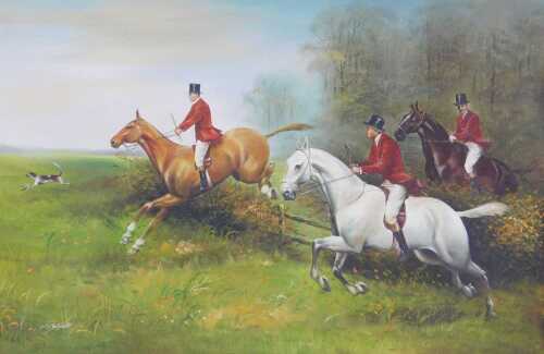 NV Wyatt (20thC School). Hunting scene, depicting huntsman on horseback jumping over a fence,...