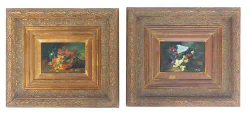 Veslin (20thC School). Floral still lives, pair, oil on board, signed, 17cm x 12cm. (2)