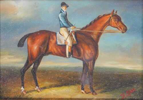 H Hall (20thC School). Jockey on horseback, oil on board, signed, 16cm x 12cm.