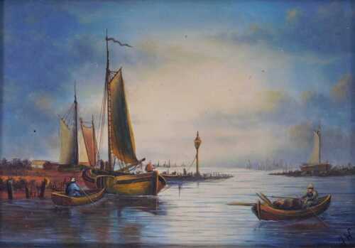 J.W. (20thC School). Figures fishing on calm waters, oil on board, signed, 16.5cm x 12.5cm.