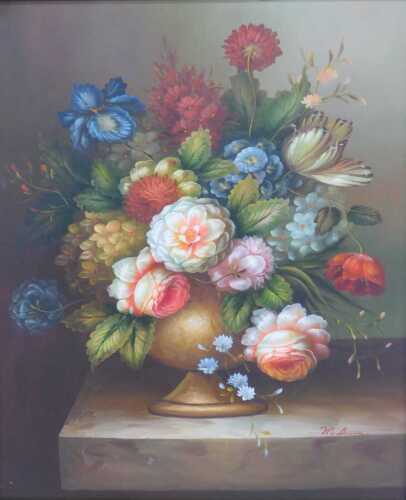 M Aaron (20thC School). Still life study of flowers in a vase, oil on canvas, signed, 60cm x 50cm.