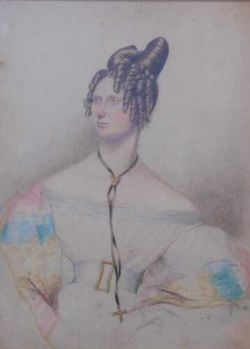 19thC School. Mrs Gouyer, nee Harriett Jackson, watercolour and pencil study, 30cm x 22cm, named...