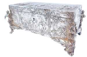 A 19thC Continental casket, possibly German Hanau silver, repousse decorated with figures in...