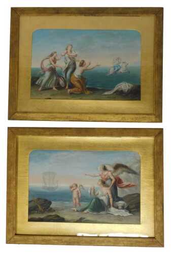 A Turpin. Classical scenes depicting Ariadne abandoned on Naxos, and Europa and the Bull, oil on...