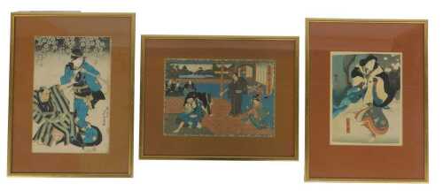Three Japanese woodblock prints, depicting a figure with sword, 29cm x 20cm, two warriors, and...