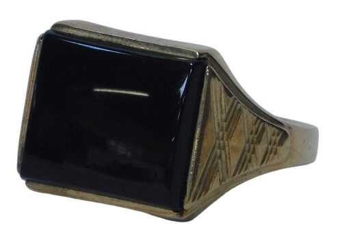 A 9ct gold signet ring, set with a rectangular cut black agate, with cross etched shoulders,...