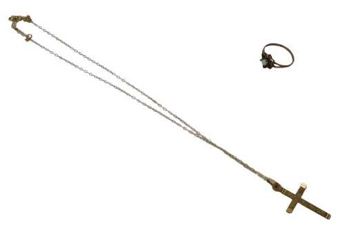 A 9ct gold cross pendant and chain, the cross 3cm high, the chain 40cm long, and a 9ct gold...