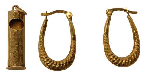 A pair of 9ct gold hoop earrings, 2cm high, and a 9ct gold cased message sleeve, 2cm high, 1.6g.