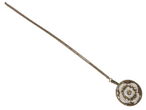 A late 20thC Belle &Eacute;poque style silver pendant and chain, formed as a disc, of striped design,...