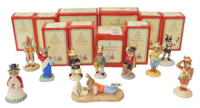 Ten Royal Doulton Bunnykins figures, comprising Welsh Lady Bunnykins DB172, Cavalier Bunnykins...