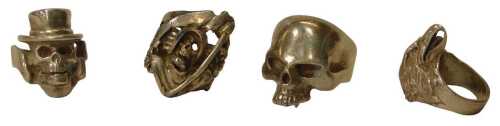 Four Gothic-style dress rings, comprising The Reaper, a skeleton smoking a pipe, a skull, and an...