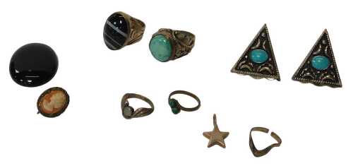 A group of assorted silver and other wares, comprising a pair of Mexico Alpaca turquoise set...