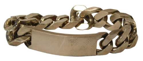 An identity bracelet, of chunky design, the rectangular bar plain, white metal stamped sterling,...