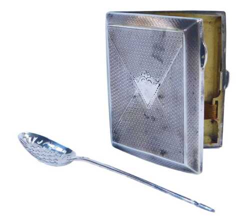 A George V silver cigarette case, with engine turned decoration, Birmingham 1928, together with...