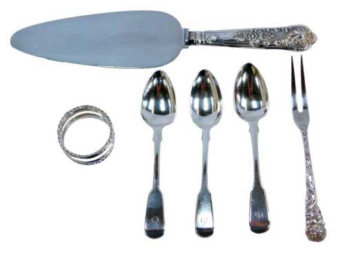 A group of small silver, comprising three George III silver Fiddle pattern teaspoons, London...
