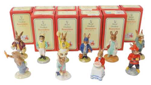 Ten Royal Doulton Bunnykins figures, comprising Shopper Bunnykins DB1233, Jockey Bunnykins DB169,...