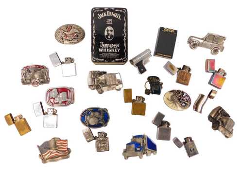 A group of Zippo and other lighters, to include an iridescent example, stainless steel and brass...