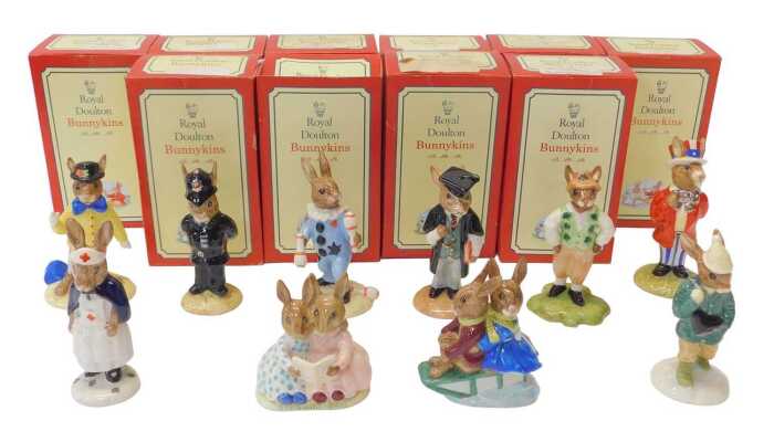 Ten Royal Doulton Bunnykins figures, comprising Joker Bunnykins DB171, Storytime DB9, Policeman...