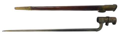 A Victorian socket bayonet, numbered 355, in a leather scabbard, 54cm long.