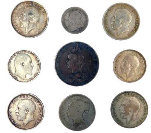 Silver and part silver coinage, to include an 1889 crown, 1916 half crown, further half crowns,...
