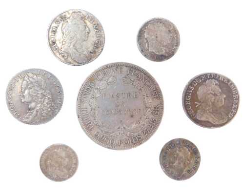 A group of silver coinage, to include a George I 1723 shilling, George II shilling, a French...