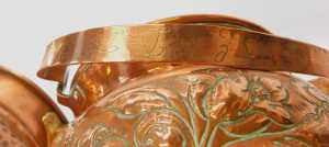 An Art Nouveau copper planter, with a bulbous body and outswept neck, embossed and chased with... - 3