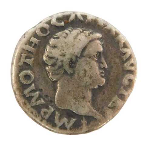 A coin, possibly a Roman silver denarius, obverse bare head of the Emperor Otho facing right,...