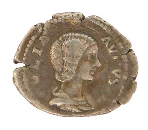 A coin, possibly a Roman silver denarius, obverse the Empress Julia Donna facing right, and...