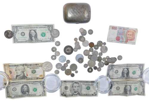 Silver and part silver coinage, to include fourpences, threepences, world coinage, banknotes,...