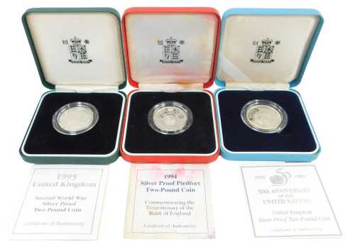 Three Royal Mint silver proof two-pound coins, comprising 1945-1995 50th Anniversary of the...
