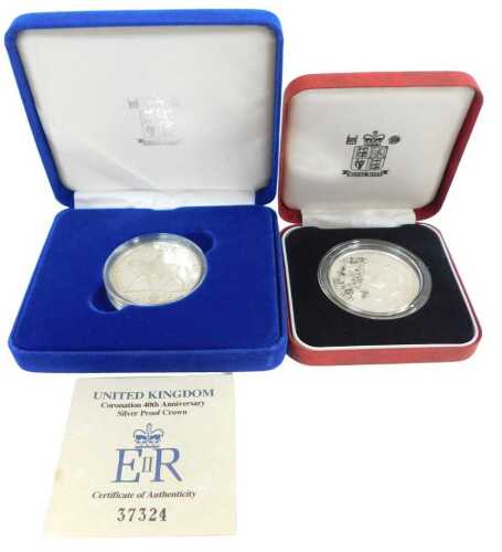 Two Royal Mint silver proof crowns, comprising Coronation 40th Anniversary, and HM The Queen...