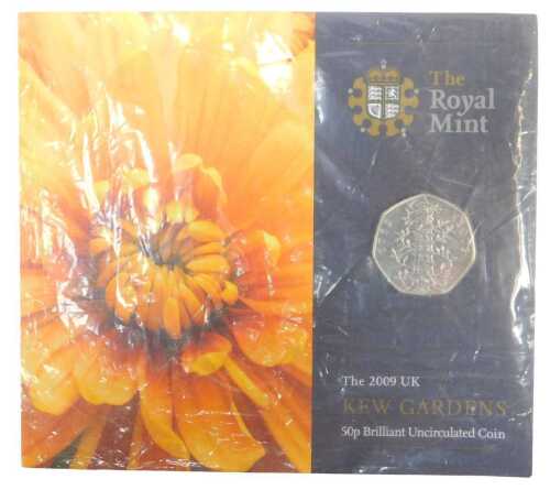 A Royal Mint 2009 UK Kew Gardens 50p brilliant uncirculated coin, in sealed packaging.
