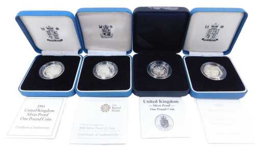 Four Royal Mint silver proof one-pound coins, for 1988, 1993, 2005, and 2008, each boxed with...