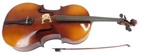 A cello, with a single-piece back, bearing a label made in Czechoslovakia, 121cm high, with bow...