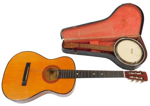 A Hi Spot acoustic guitar, cased, together with a four string banjolele, cased.