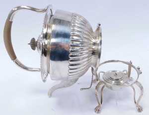 A Victorian Irish silver spirit kettle on stand, the teapot of semi-fluted form, together with a... - 2